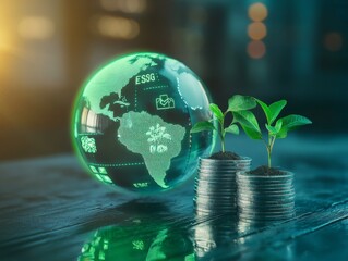2408 53.A glowing green globe with sustainability icons rests next to stacked silver coins, from which tiny seedlings are sprouting. The image embodies sustainable investment, carbon credits, and