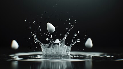 Water splash with droplets against a dark background.