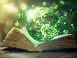 2408 67.A glowing green globe is placed atop a thick law book, with environmental icons floating around it. The scene represents the fusion of law and sustainability, focusing on eco-friendly