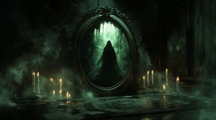 Obraz premium A beautiful mirror reflects a ghost, surrounded by candles and mysterious fog.