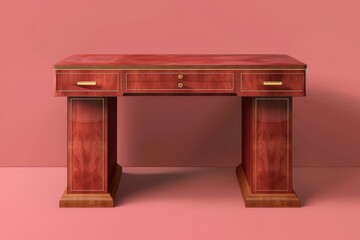 Elegant wooden desk in a minimalist room with light pink walls, showcasing intricate detailing and polished finish