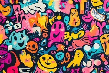 Bright graffiti doodles with smiles and quirky shapes on black.