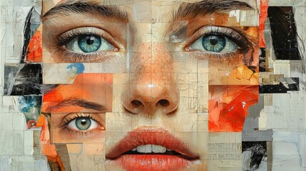 Paper collage, face assembled from different people, separately cut out eyes, mouth and nose