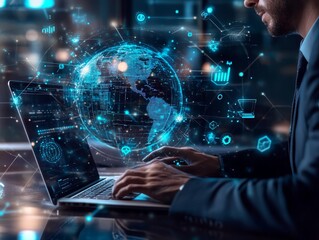 2408 82.A professional man typing on a laptop, with a holographic globe and various icons floating in the air. The scene is illuminated by soft blue light, with digital connections forming around the