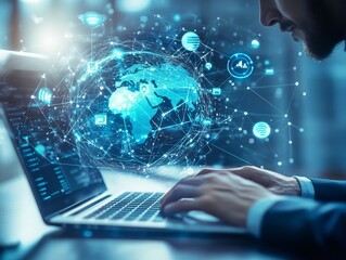 Obraz premium 2408 82.A professional man typing on a laptop, with a holographic globe and various icons floating in the air. The scene is illuminated by soft blue light, with digital connections forming around the