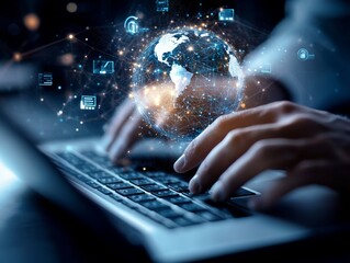 Obraz premium 2408 84.A close-up of a businessmanâ€™s hands typing on a laptop keyboard, with a glowing globe hologram and floating AI icons representing global innovation, big data, and futuristic technology. The