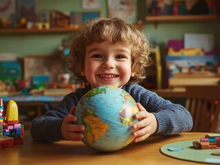 Fototapeta premium 2408 89.A young boy sits at a table with a globe, his small hands turning it gently as he smiles in excitement. The background is filled with toys and educational materials, representing the concept