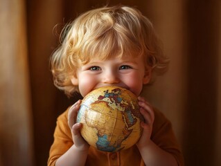 2408 90.A happy little boy holding a globe close to his face, his expression full of curiosity and excitement. The setting is playful and educational, emphasizing the theme of exploring the world