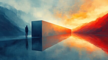 A solitary figure stands before a large monolith at sunset.
