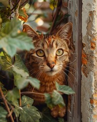 Obraz premium A curious cat peeks out from behind leaves. AI.