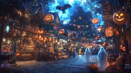 Obraz premium A Halloween market in a mystical town with glowing decorations, spooky goods.