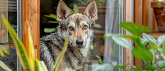 Fototapeta premium A wolfdog looking through a window with plants in the foreground. AI.