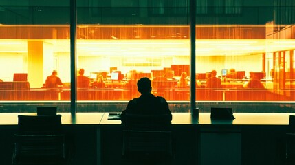 Person in Office Space Bathed in Warm Light