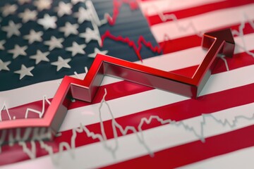Arrow graph over the American flag showing financial growth trends. U.S. economy and stock market concept.