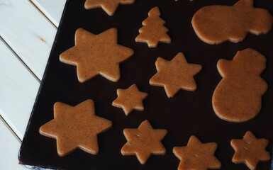 Cookies Unbaked Assorted Shapes Brown Baking Tray Overhead