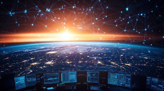 W nowoczesnym Centrum Operacji Sieci otoczone technologią przyszłości, zesp&oacute;ł analityk&oacute;w monitoruje globalne połączenia internetowe.