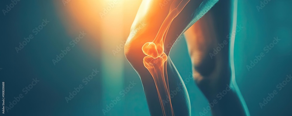 Poster conceptual image of a knee joint showcasing anatomy and health, illuminated by soft light for a dyna
