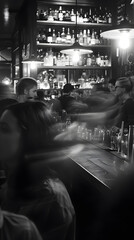 The bustling bar scene is depicted in a dynamic black and white photograph. Motion blur captures the lively atmosphere with people and bartenders in action, creating an exciting ambiance