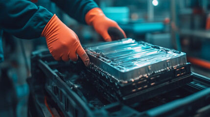 W warsztacie technik elektryczny z precyzyjnością i skupieniem bada zużytą baterię litowo-jonową z samochodu elektrycznego.