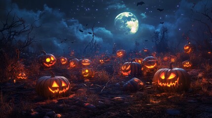 Fototapeta premium A spooky Halloween pumpkin patch under a full moon.