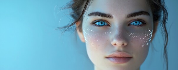 Facial recognition tech portrayed on a woman's face for beauty and security purposes.