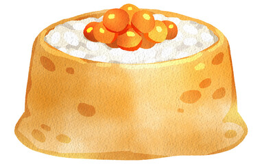 Inari sushi topped with ikura, sweet rice wrapped in soft tofu skin, garnished with vibrant orange fish roe, hand-drawn watercolor painting illustration