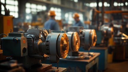 A factory producing electric motors for industrial machinery, with workers overseeing the process, electric motor production, industrial machinery manufacturing.