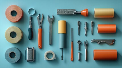 A collection of tools and materials arranged on a blue background.
