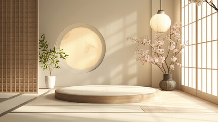 Tranquil japanese-inspired interior with round platform and cherry blossoms in soft natural light