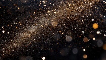 Golden Dust Particles in Motion. Sparkling Cloud of Glittering Light Dots and Flecks Against a Dark Background, Creating a Cosmic, Ethereal Effect in a Night Sky Like Atmosphere