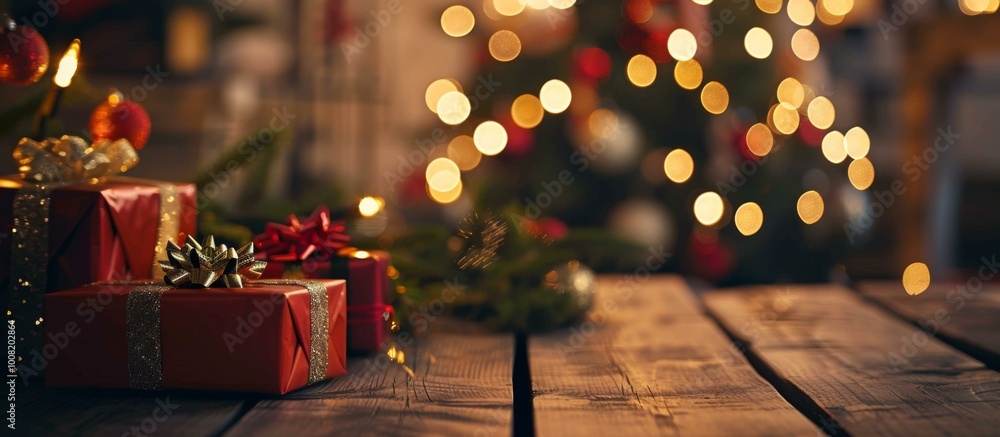 Poster Christmas presents on a wooden table with a blurred background of lights. AI.