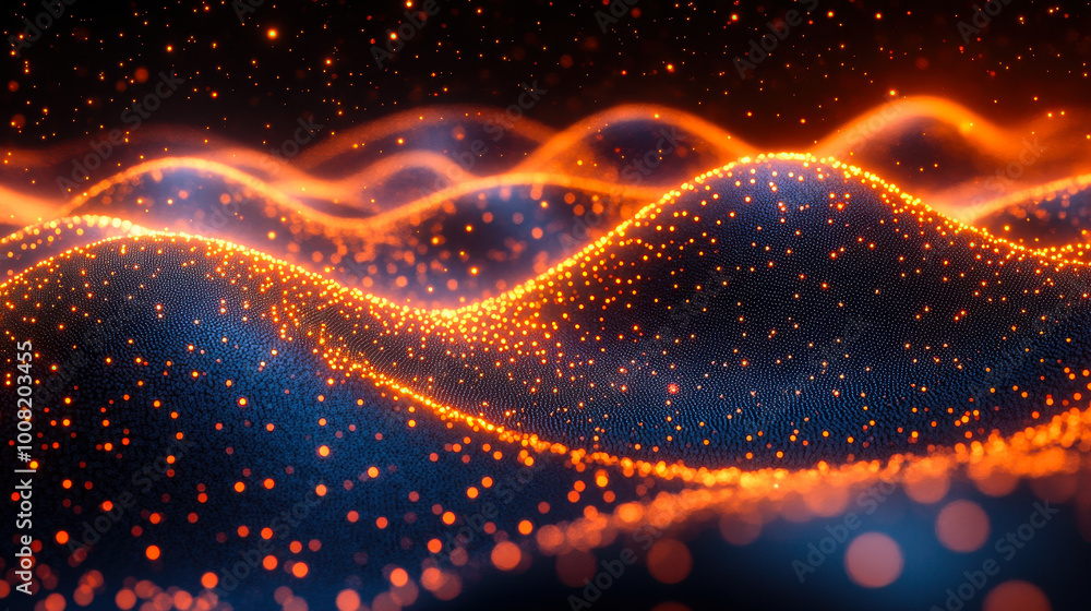 Poster abstract digital network waves with glowing particles in motion, futuristic technology background co