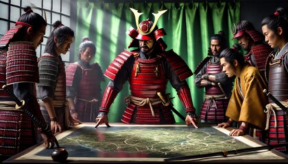 赤い鎧武者が作戦会議を立てる