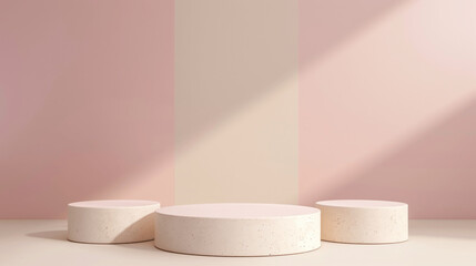 Marble podium with soft pink textured wall and natural light shadows