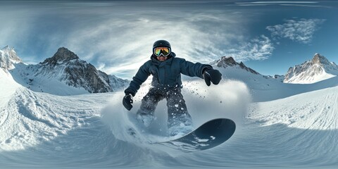 a snowboarder is going down a snowy slope