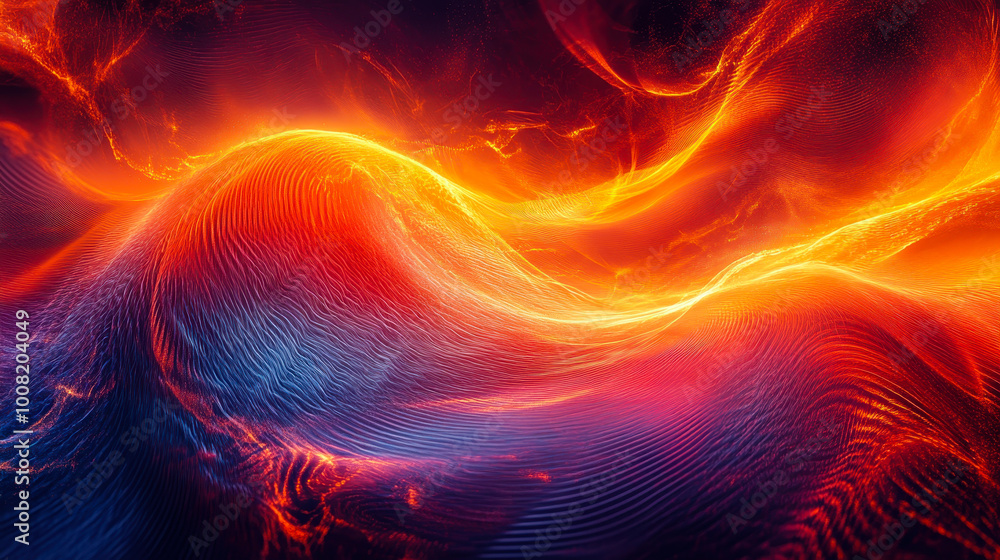 Poster fiery abstract digital wave background with vibrant swirling patterns and dynamic energy in warm ton