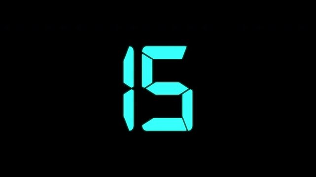 Twenty second (20-0) countdown digital stop watch timer in blue color futuristic glowing light style, transparent background
