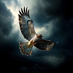 Fototapeta premium A bird of prey flying through a cloudy sky