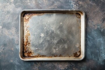 A well-used baking tray rests on a rustic countertop after countless delicious creations in a cozy kitchen