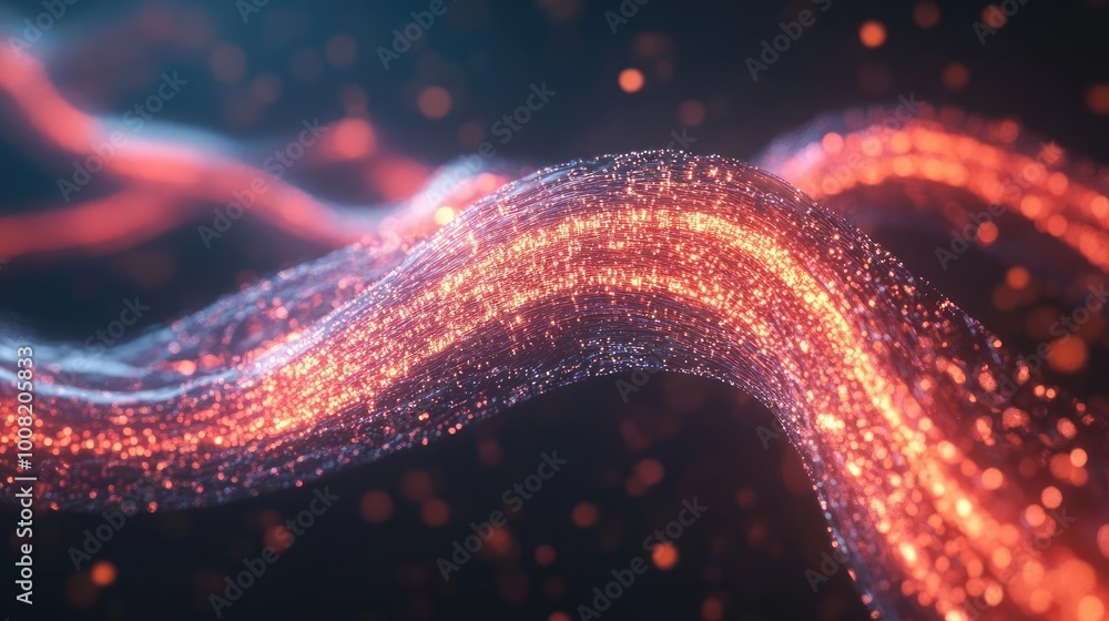 Poster abstract waves of light with glowing particles creating a dynamic motion in vibrant colors against a