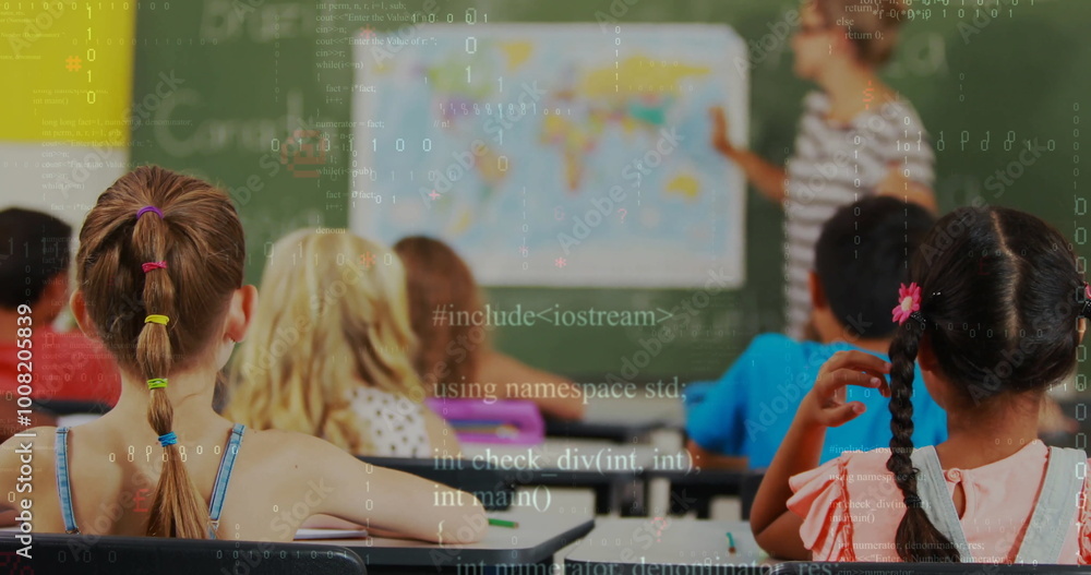 Poster binary code image over students in classroom with teacher pointing at world map