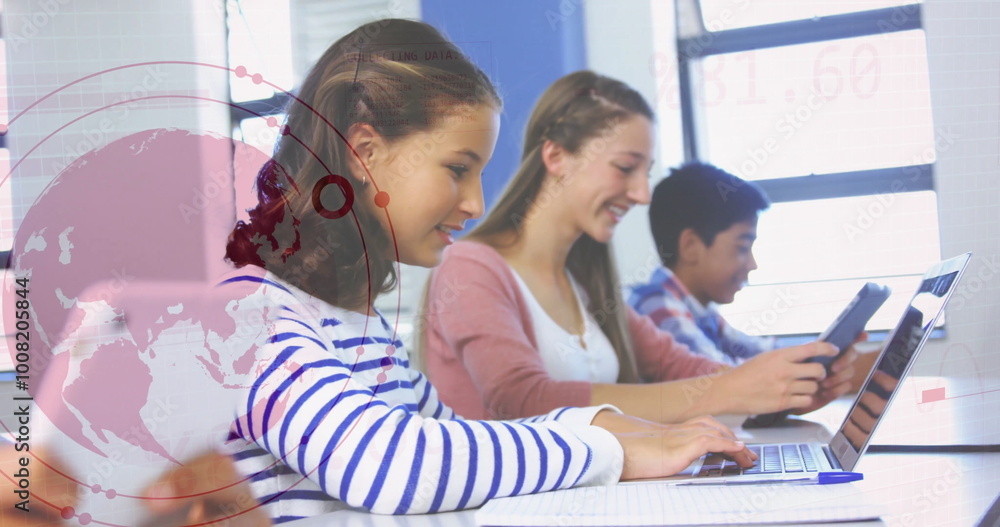 Poster students using laptops in classroom with data analysis image over them