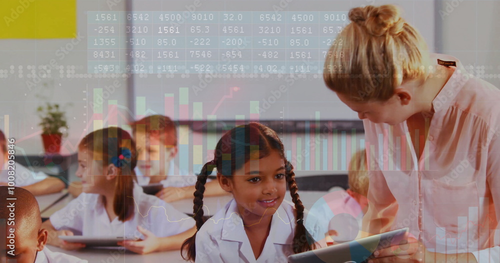 Poster children using tablets in classroom with data processing image over them