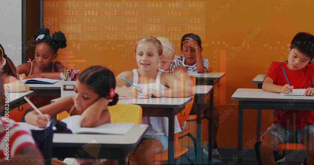 Poster children studying in classroom with data processing image over them