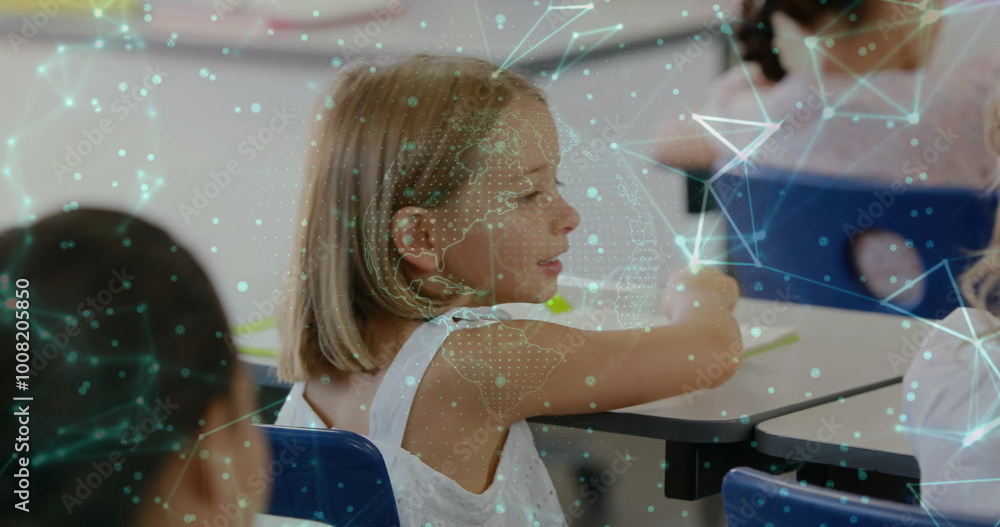Poster whispering children in classroom with network connections image over them