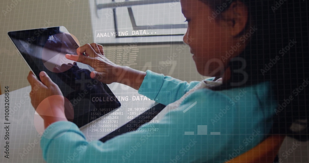 Poster interacting with tablet, child overlaid with financial data and binary code image