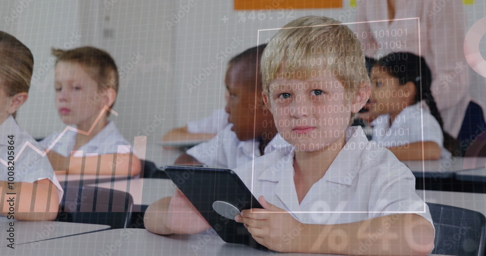 Poster children in classroom using tablets, data processing image over them