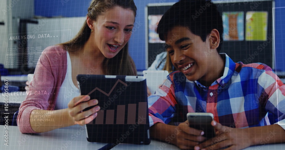 Poster binary code image over students using tablet and smartphone in classroom