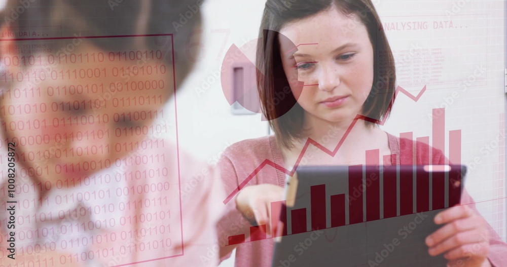Poster binary code and data analysis image over children using tablets