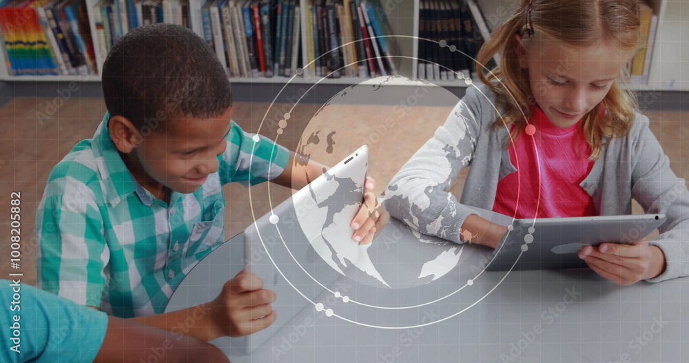 Poster children studying with tablets and books, world map and data image over them